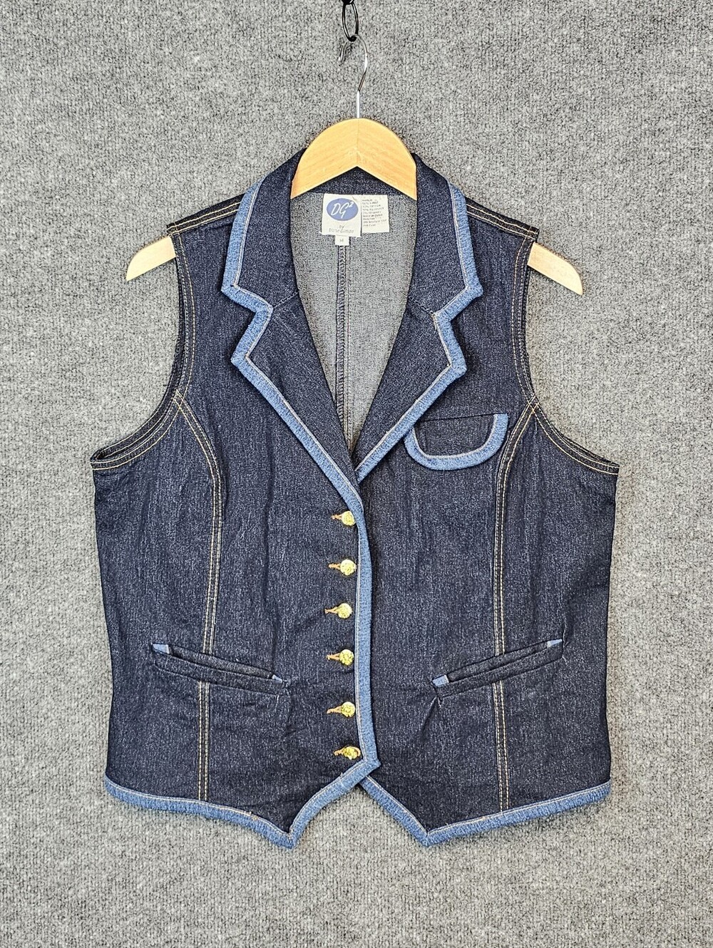 RARE DG2 by Diane Gilman Dark Wash Denim Vest - Blue Trim & Gold Buttons
